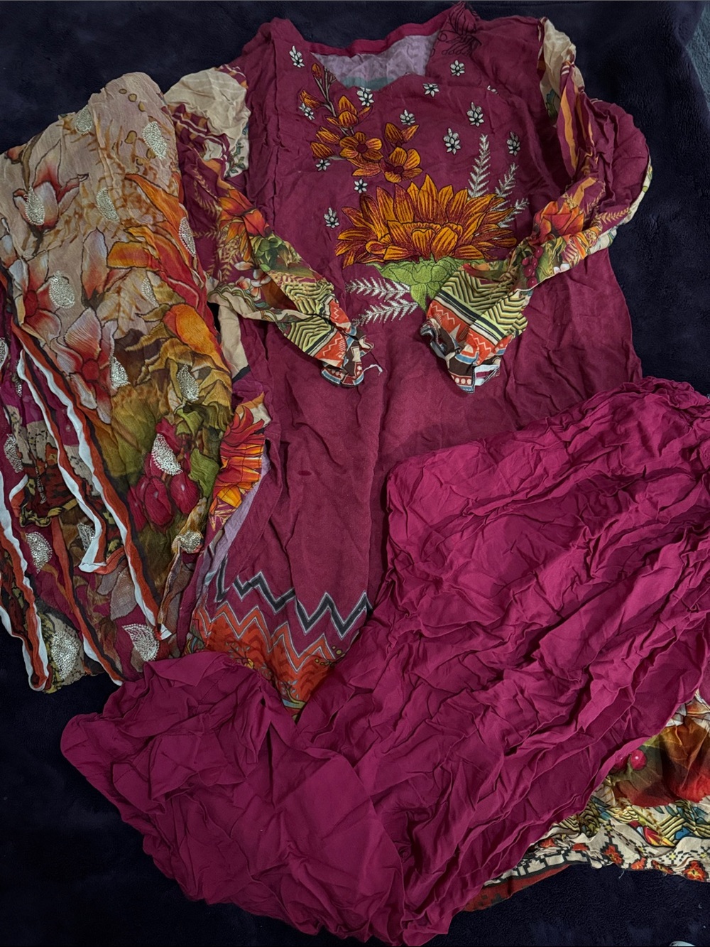 Boho Floral Embroidered Kurta Set in Deep Magenta and Multicolor